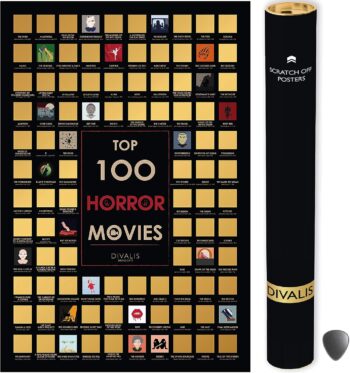 Top 100 Horror Movies Scratch off Poster - Large Cinema Scratchable Poster - Horror Films of all Time Bucket List - 24x16" Easy to Frame Scratchable Checklist Poster - Must See Movie Challenge - 100 Essential Horrors Scratch off Calendar with Scratcher Included - Greatest Horrors to Watch