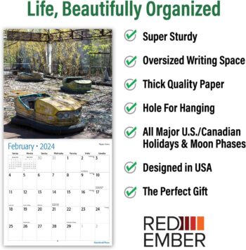 RED EMBER Abandoned Places 2024 Hangable Monthly Wall Calendar | 12" x 24" Open | Thick & Sturdy Paper | Giftable | Deserted But Not Forgotten