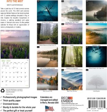RED EMBER Into the Mist 2024 Hangable Monthly Wall Calendar | 12" x 24" Open | Thick & Sturdy Paper | Giftable | Scenic Nature | Misty & Mysterious