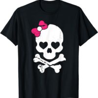 Cute Skull and Cross bone Pink Bow Tie Women Girls Adorable T-Shirt