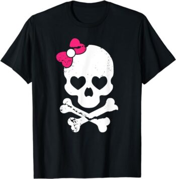 Cute Skull and Cross bone Pink Bow Tie Women Girls Adorable T-Shirt