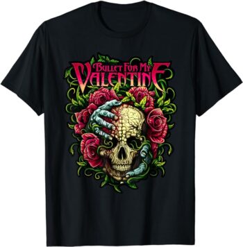 Funny Bullet My Valentine Skull Roses and Red Blood Horror T-Shirt