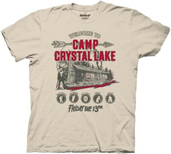 Ripple Junction Friday The 13th Men’s Short Sleeve T-Shirt Camp Crystal Lake Cabin Activity Welcome Sign Officially Licensed