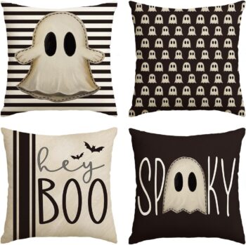 AVOIN colorlife Halloween Hey Boo Cute Ghost Spooky Throw Pillow Covers, 18 x 18 Inch Horror Scary Cushion Case for Sofa Couch Set of 4, Black