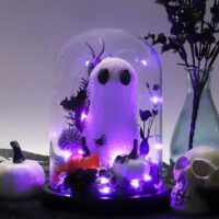 DAZONGE Ghost Halloween Decor, Halloween Ghost in Glass Dome Cloche with String Light, Adopt a Ghost for Halloween Decorations Indoor, Halloween Ghost Tabletop Decor