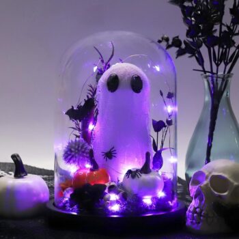 DAZONGE Ghost Halloween Decor, Halloween Ghost in Glass Dome Cloche with String Light, Adopt a Ghost for Halloween Decorations Indoor, Halloween Ghost Tabletop Decor