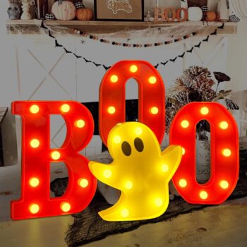 DAZONGE Halloween Decorations Indoor - 4 LED Light Up Letters Boo and Ghost Marquee Signs for Halloween Kitchen Room Wall Decor, Halloween Marquee Letters for Party Decorations