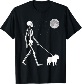 Fun Skeleton Walking Bulldog Full Moon T-Shirt