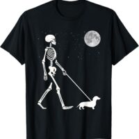 Fun Skeleton Walking Dachshund Full Moon T-Shirt