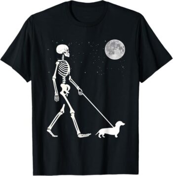 Fun Skeleton Walking Dachshund Full Moon T-Shirt