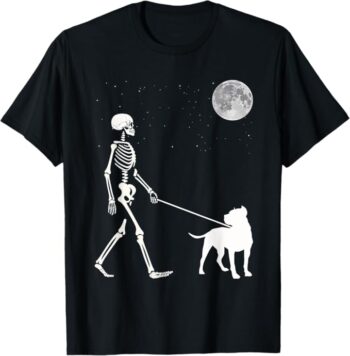 Fun Skeleton Walking Pitbull Dog Full Moon T-Shirt