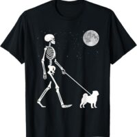 Fun Skeleton Walking Pug Full Moon T-Shirt