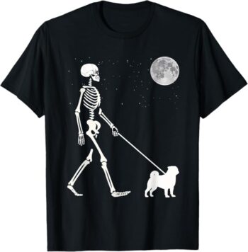 Fun Skeleton Walking Pug Full Moon T-Shirt