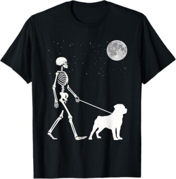 Fun Skeleton Walking Rottweiler Full Moon T-Shirt