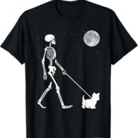 Fun Skeleton Walking Yorkshire Terrier Full Moon T-Shirt