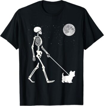 Fun Skeleton Walking Yorkshire Terrier Full Moon T-Shirt