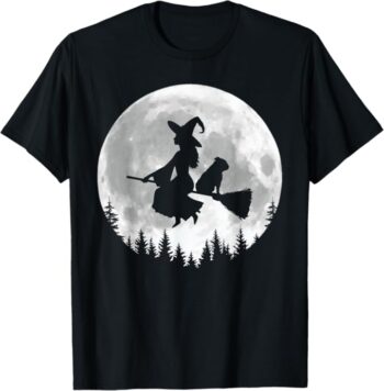 Fun Witch Bulldog Broomstick Halloween T-Shirt