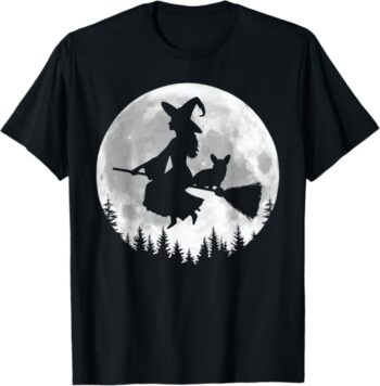 Fun Witch Corgi Broomstick Halloween T-Shirt