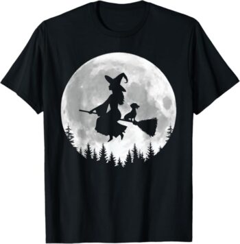 Fun Witch Dachshund Broomstick Halloween T-Shirt