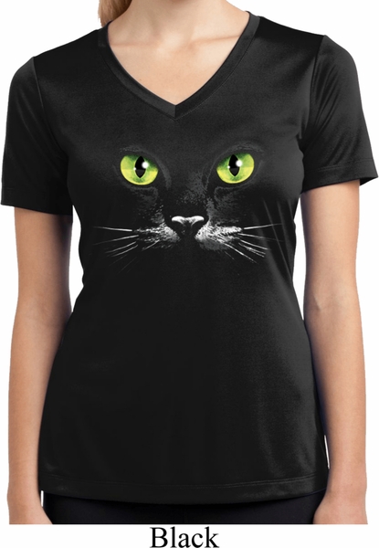 Ladies Halloween Black Cat Moisture Wicking V-neck Tee T-Shirt